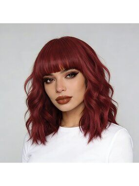 Women's Burgundy Soft Short Bob Style Synthetic Shoulder Length Curly Wigs